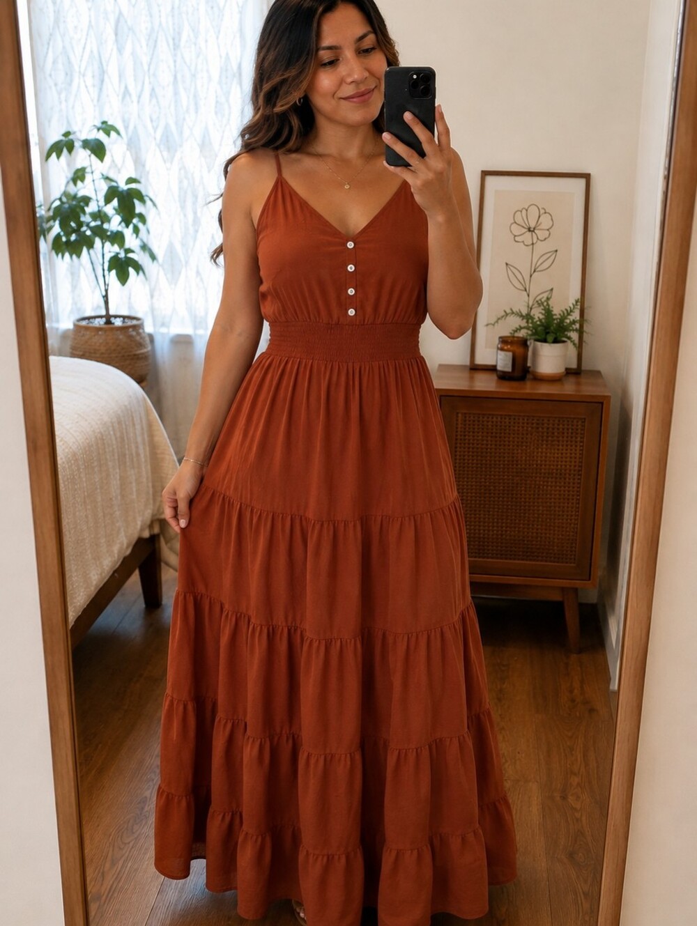 PrettyGarden Women Rust Orange Smocked Tiered Maxi Dress LARGE Boho Summer